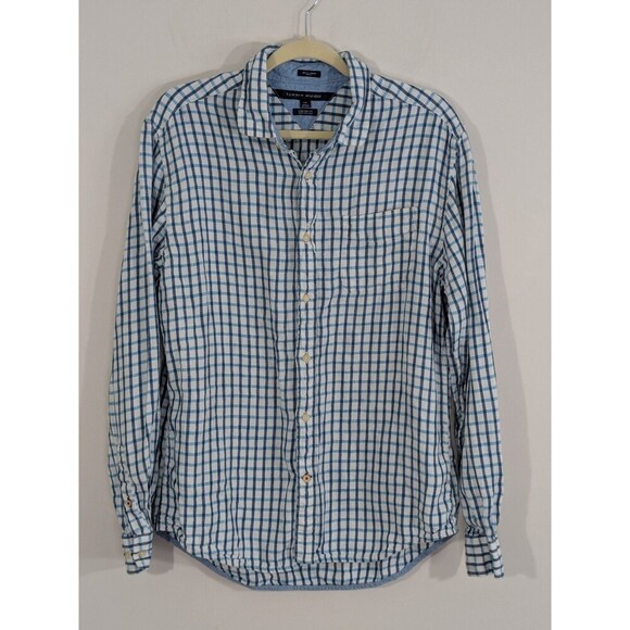 Tommy Hilfiger Button Up Shirt Sz L Custom Fit Cotton Linen Plaid Spring Colors - Picture 1 of 7